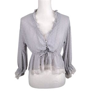 Boho Gray Sheer Lace Romantic V-Neck Top Size Small